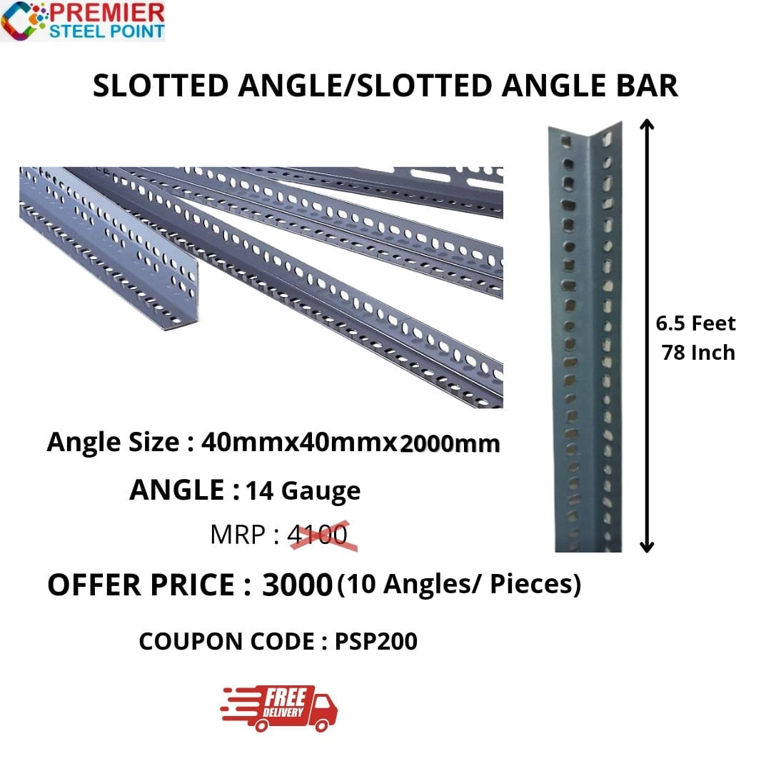 WhatsApp Image 2022-07-18 at 2.41.08 PM SLOTTED ANGLE SIZE : 6.5 FEET (78 INCH) 40MMX40MMX2000MM 10 ANGLES SET USE COUPON CODE : PSP200