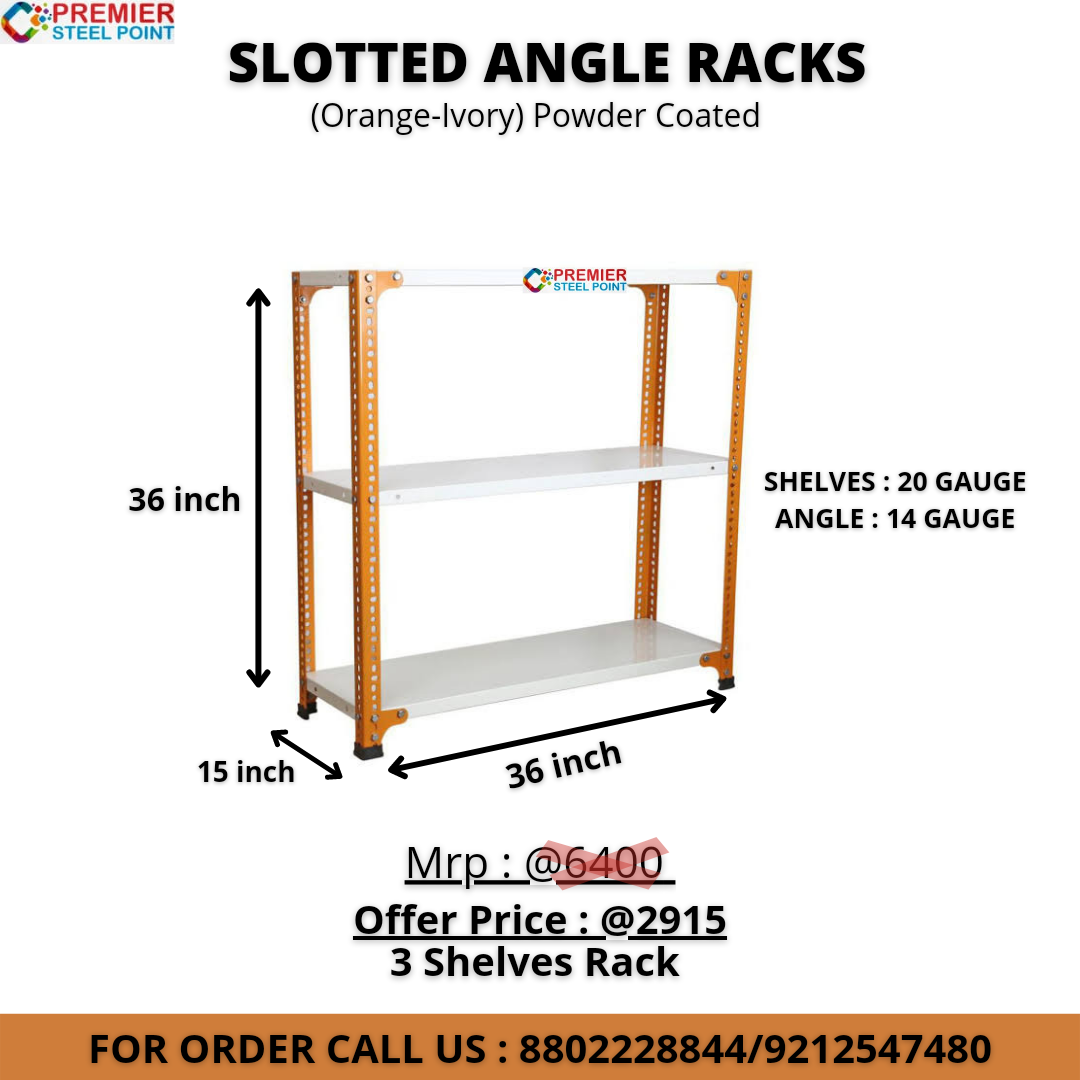 SLOTTED ANGLE RACK ORANGE-IVORY 15"X36"X36" HAVING 3 SHELF (SHELVE-20 GAUGE, ANGLE-14 GAUGE) POWDER COATED