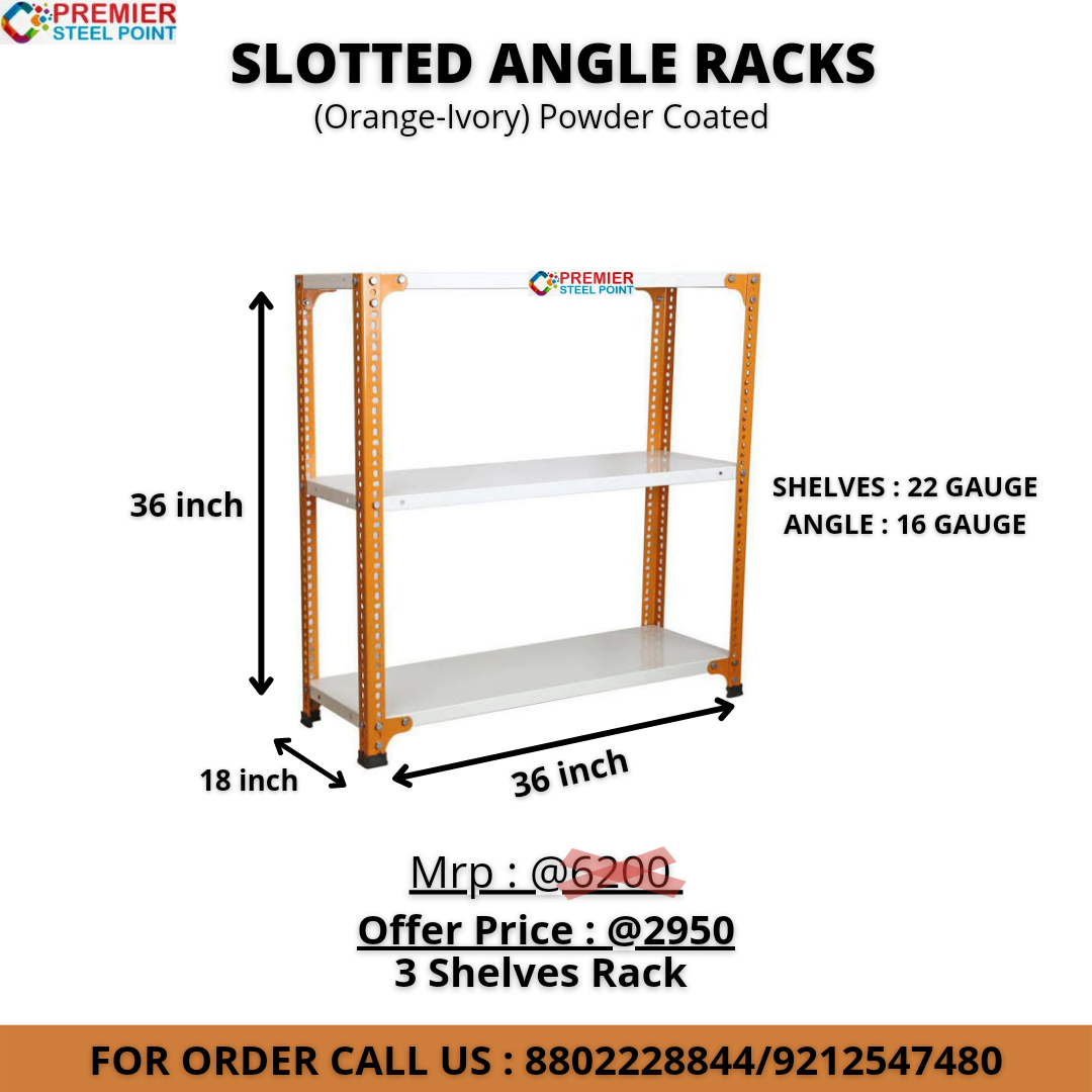 SLOTTED ANGLE RACK ORANGE-IVORY 18"X36"X36" HAVING 3 SHELF (SHELVE-22 GAUGE, ANGLE-16 GAUGE) POWDER COATED
