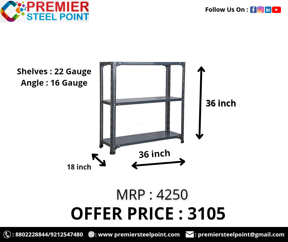 LIGHT DUTY SLOTTED ANGLE RACK 18"X36"X36" (3 SHELF) D.A GREY POWDER COATED