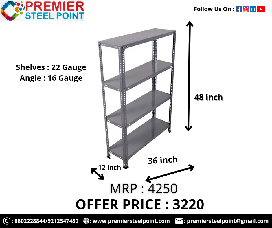 LIGHT DUTY SLOTTED ANGLE RACK 12"X36"X48" (4 SHELF) HAVING SHELVE-22 GAUGE/ANGLE-16 GAUGE