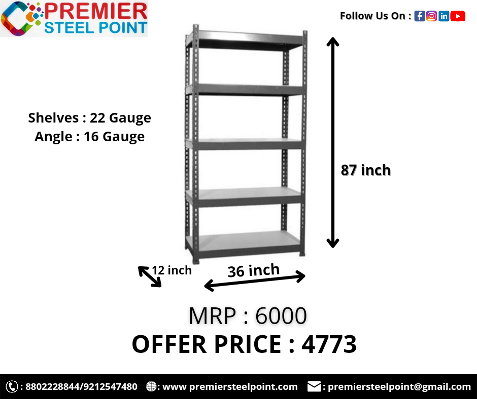 SLOTTED ANGLE RACK 5 Shelf 12"X36"X 87" HAVING SHELVES-22 GAUGE/ANGLE-16 GAUGE