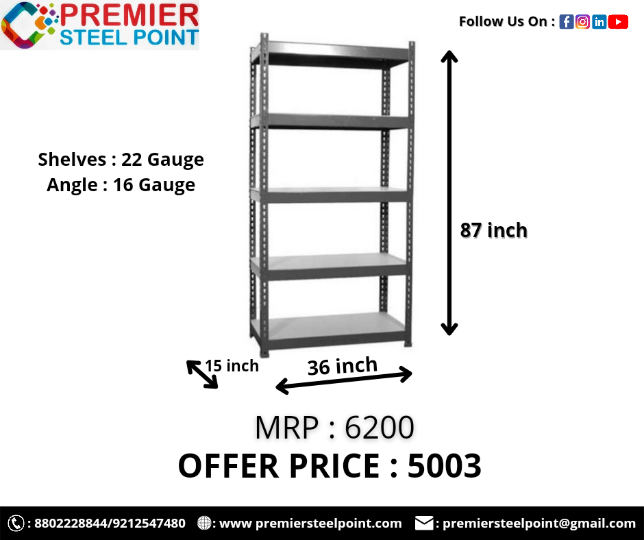 SLOTTED ANGLE RACK 5 Shelf 15"X36"X87" HAVING SHELVES-22 GAUGE/ANGLE-16 GAUGE