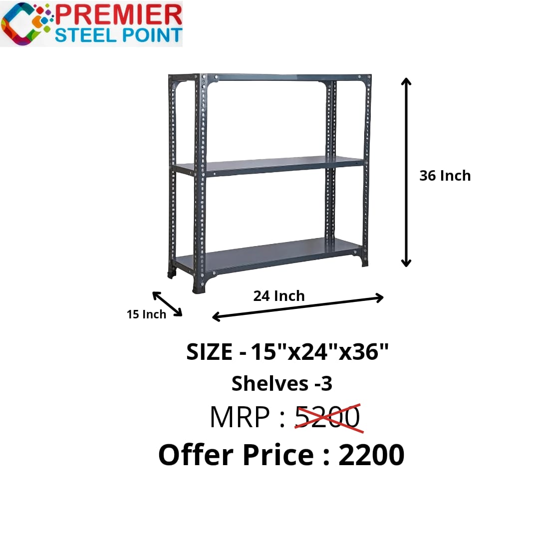 HEAVY DUTY SLOTTED ANGLE RACK 15"X24"X36 D.A GREY POWDER COATED HAVING 3 SHELVES USE COUPON CODE : PSP 200 FOR EXTRA DISCOUNT