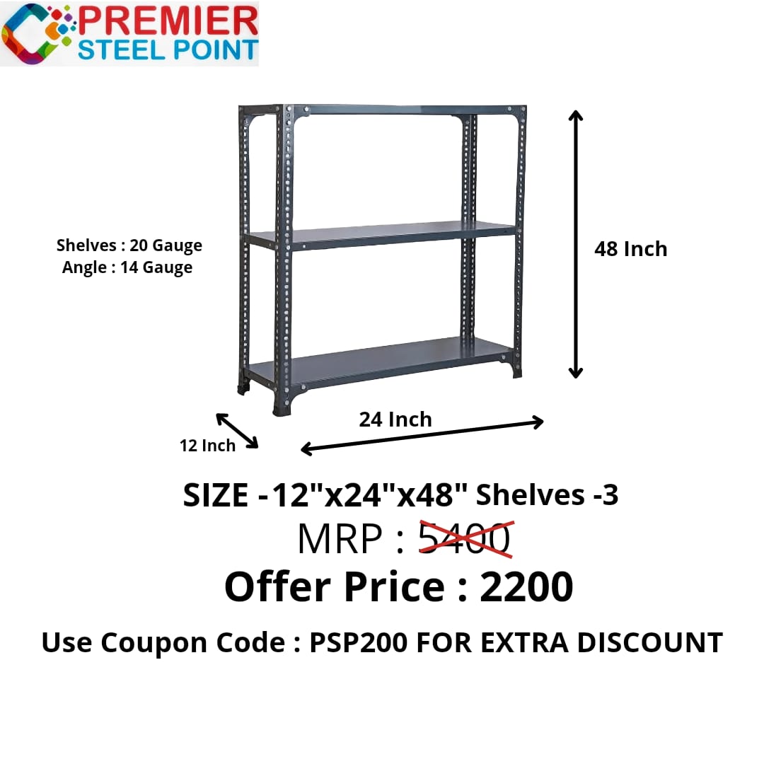 HEAVY DUTY SLOTTED ANGLE RACK 12"X24"X48" HAVING 3 SHELVES D.A Grey Powder Coated