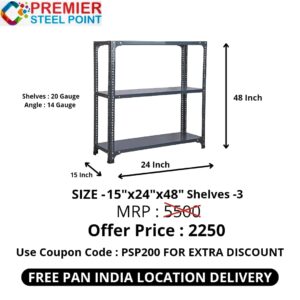 HEAVY DUTY SLOTTED ANGLE RACK SIZE : 15"X24"X48" HAVING 3 SHELVES D.A GREY POWDER COATED