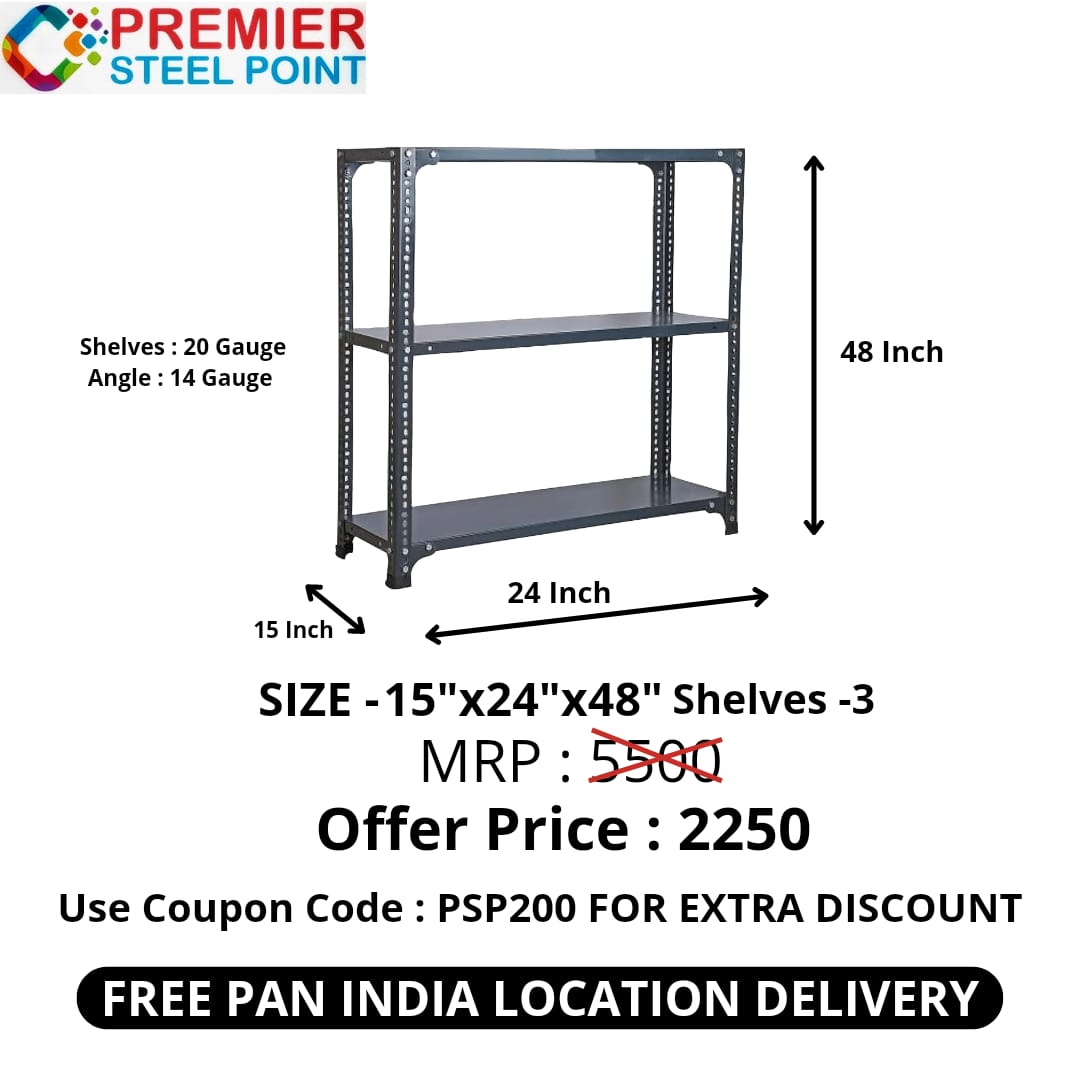 HEAVY DUTY SLOTTED ANGLE RACK SIZE : 15"X24"X48" HAVING 3 SHELVES D.A GREY POWDER COATED