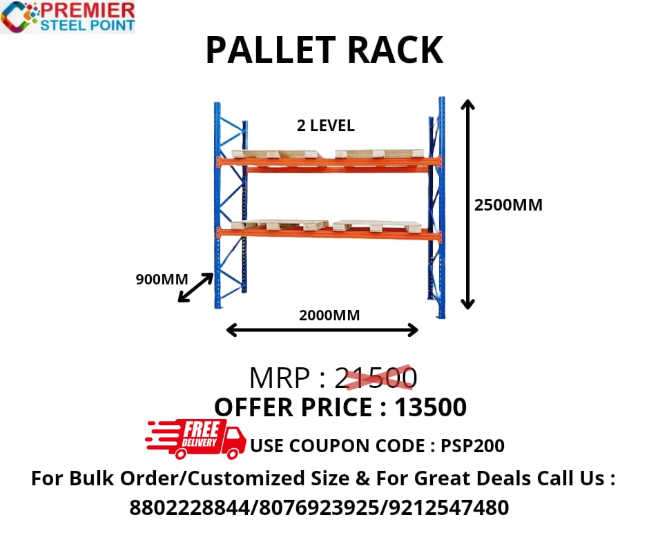 PALLET RACK WITH 2 LEVELS, SIZE 900MM x 2000MM x 2500MM (POWDER COATED)