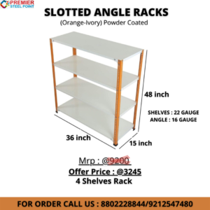 SLOTTED ANGLE RACK ORANGE-IVORY 15"X36"X48" HAVING 4 SHELF (SHELVE-22 GAUGE, ANGLE-16 GAUGE) POWDER COATED