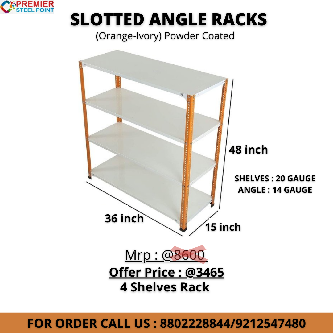 SLOTTED ANGLE RACK ORANGE-IVORY 15"X36"X48" HAVING 4 SHELF (SHELVE-20 GAUGE, ANGLE-14 GAUGE) POWDER COATED