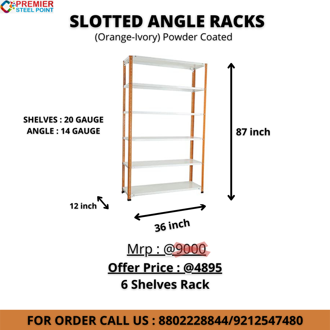 SLOTTED ANGLE RACK ORANGE-IVORY 12"X36"X87" HAVING 6 SHELF POWDER COATED USE COUPON CODE : PSP200